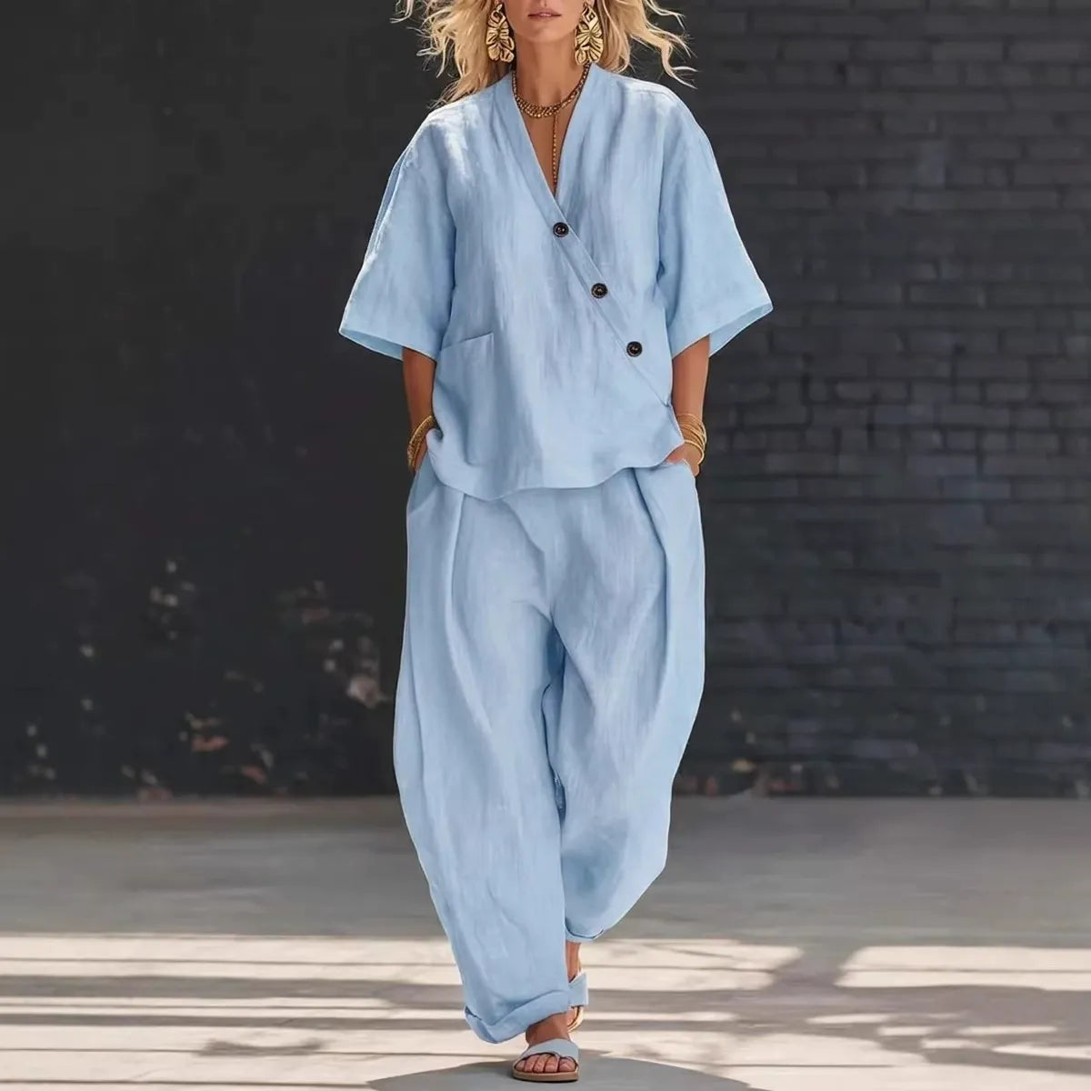 Ensembles deux pièces en lin pour femme – Haut asymétrique à manches courtes boutonné et pantalon ample coupe sarouel, ensemble coordonné décontracté d'été