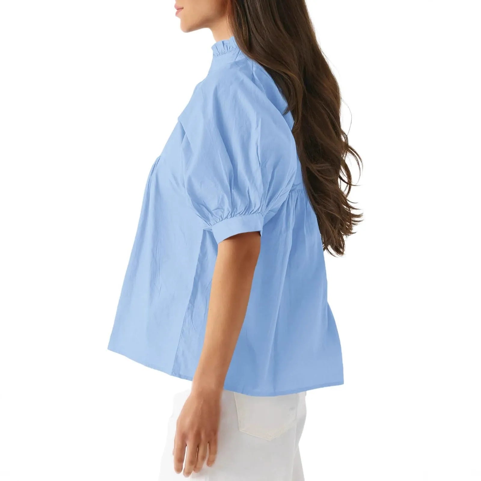 Women's shirt/T-shirt with mid-length sleeves and loose fit, V-neck