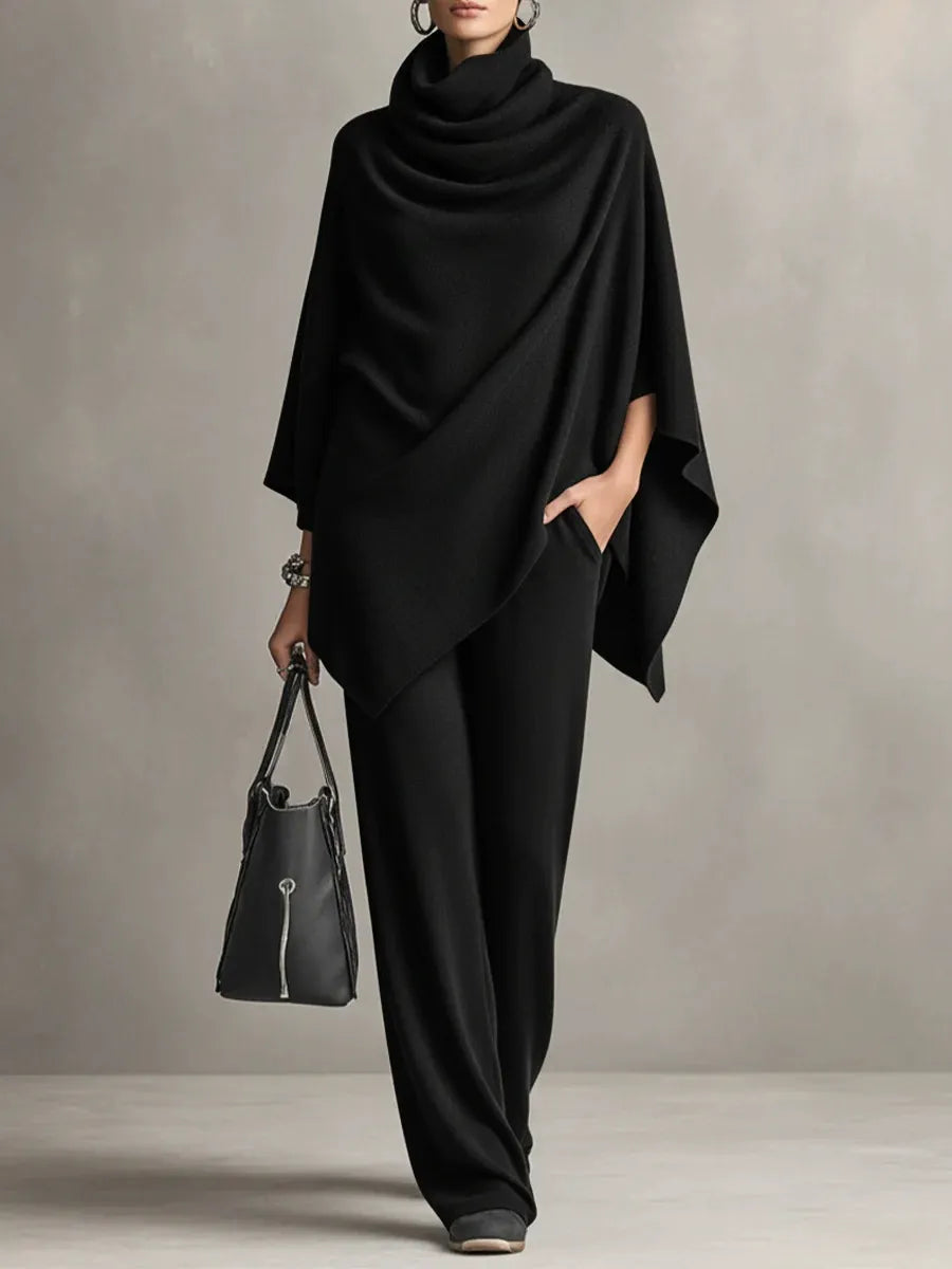 Elegant Cowl Neck Poncho & Wide-Leg Pants 2-Piece Knit Set