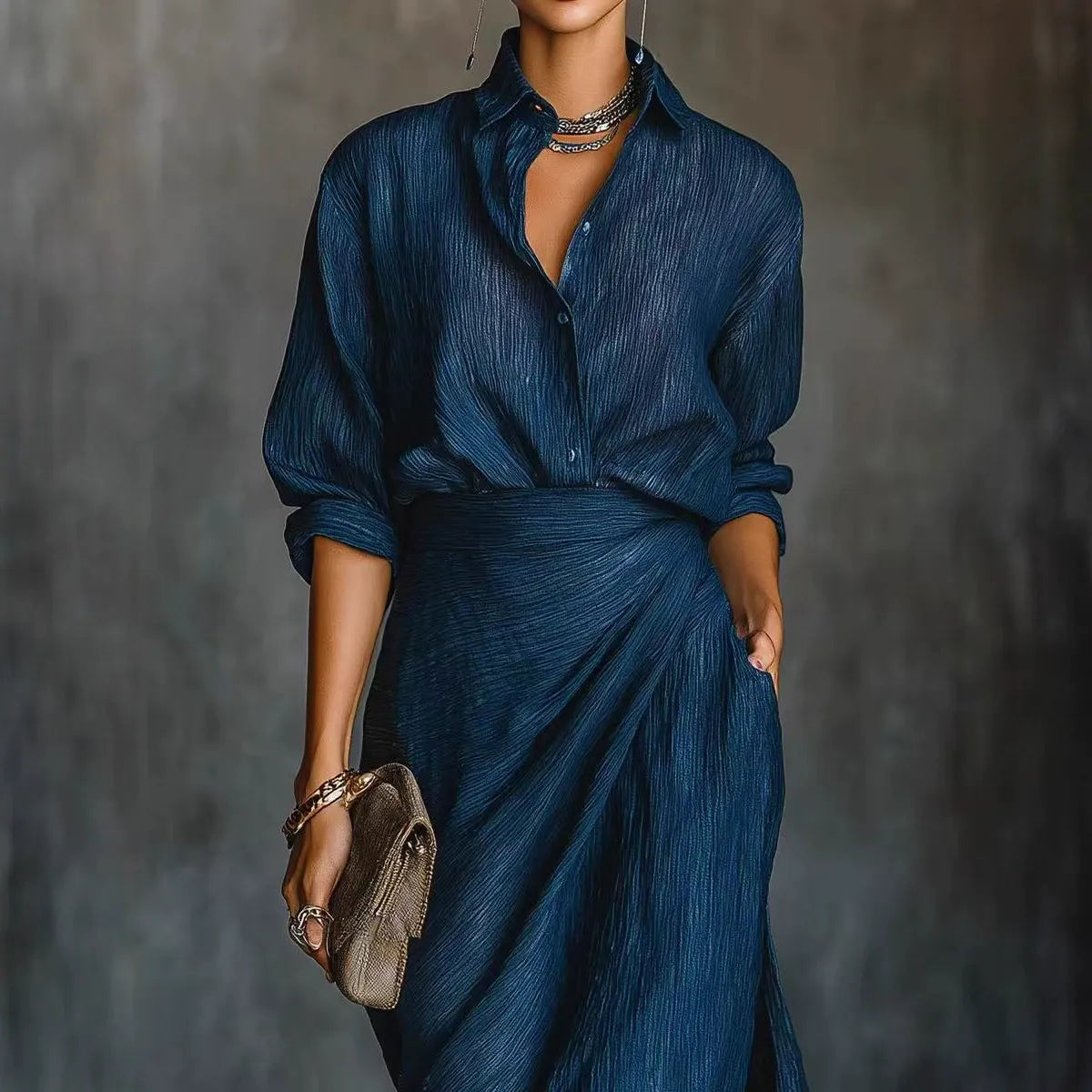 Quiet Luxury Crinkle Texture Dress | High Waist Asymmetric Long Sleeve Dress