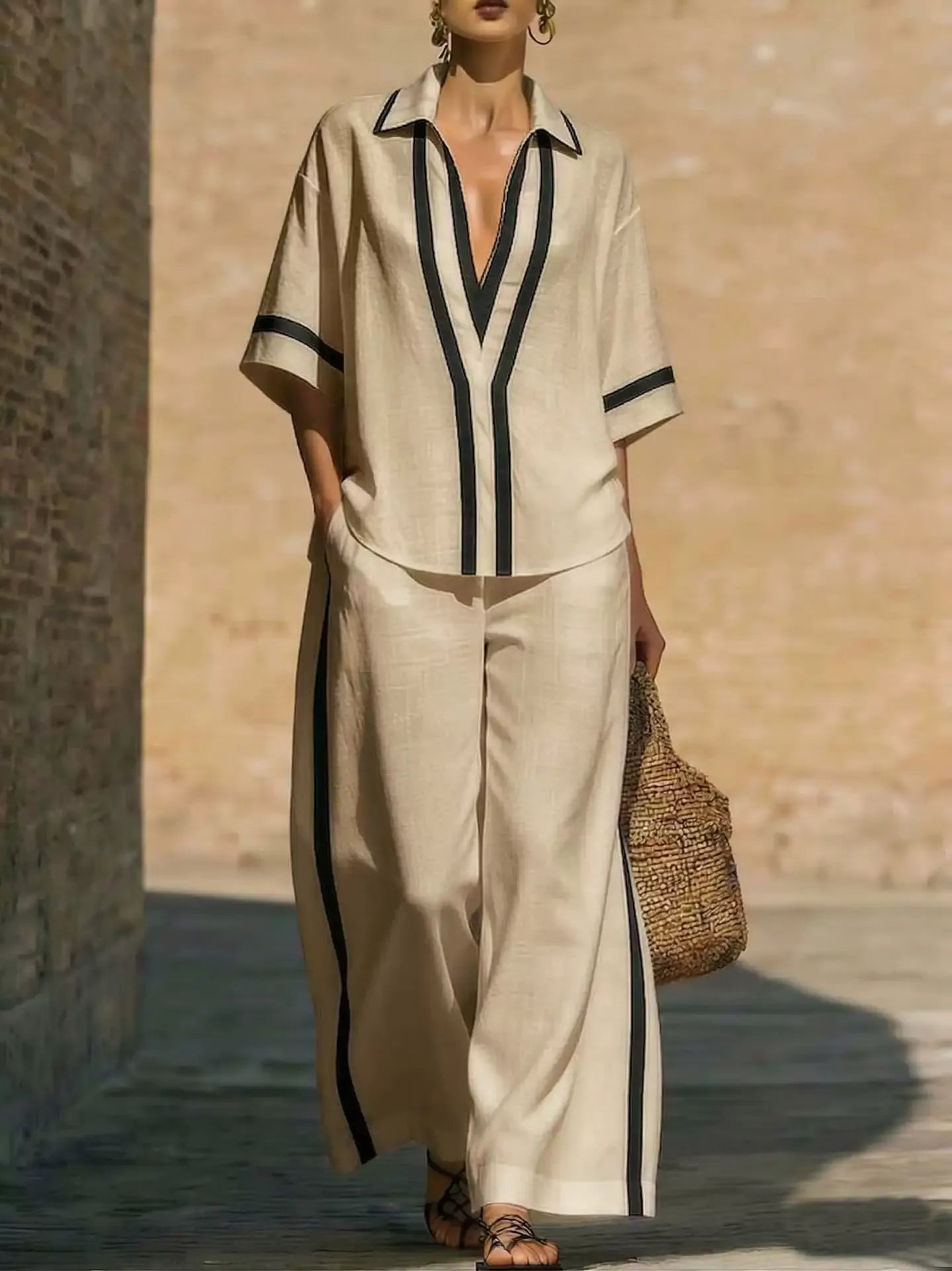 Ensemble d'été chic style marin pour femme – Tunique color block col V & pantalon palazzo fluide à rayures latérales, tenue 2 pièces de plage et resort