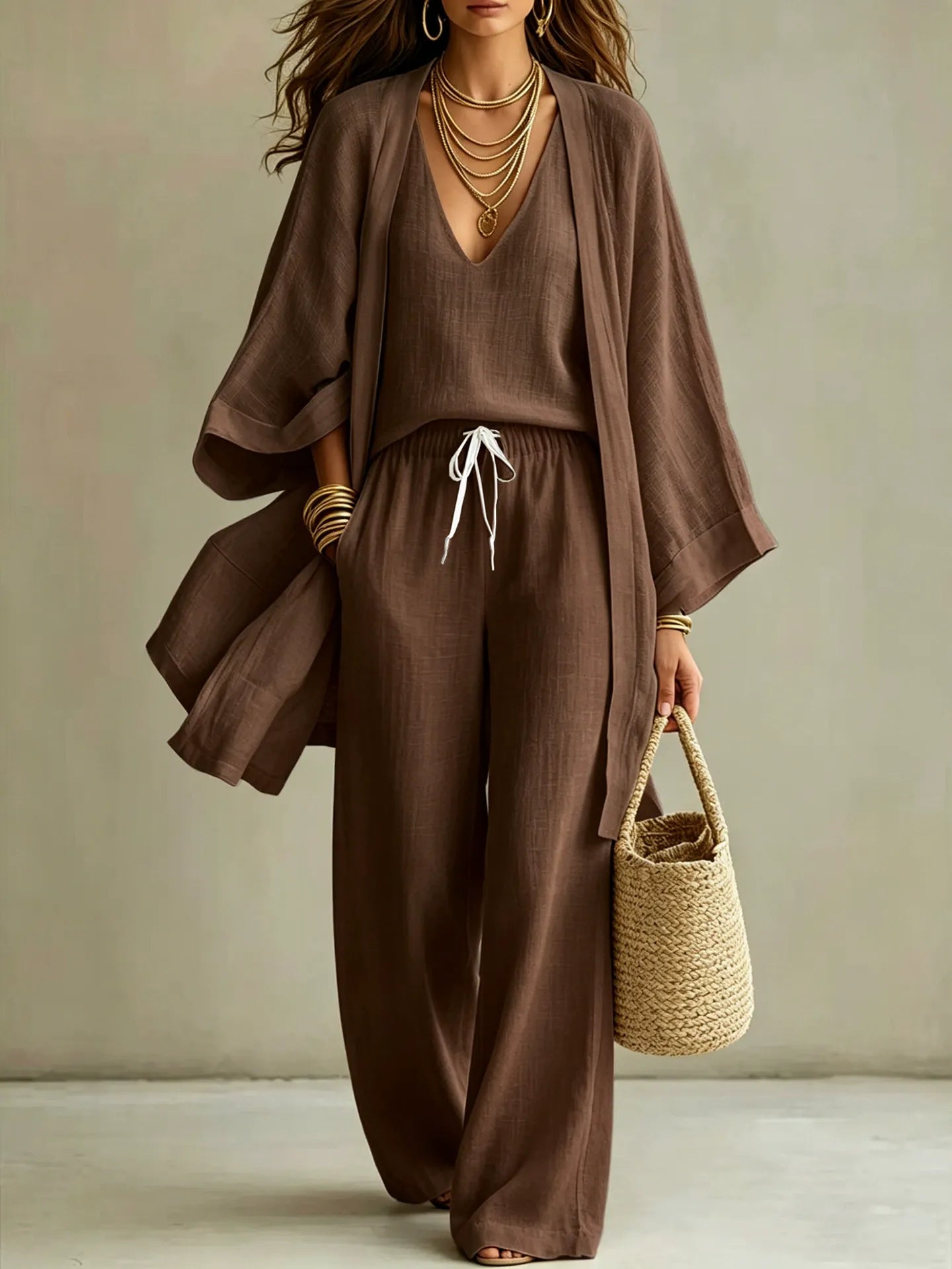 Women's Linen-Look 3-Piece Set - Oversized Cardigan, V-Neck Cami & Wide Leg Pants
