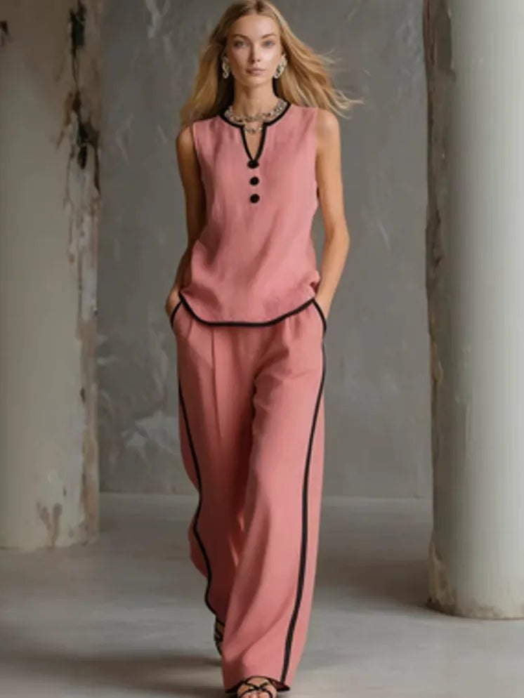 Chic Contrast Trim Knit Lounge Set - Sleeveless V-Neck Tank Top & High-Waist Wide Leg Pants 2-Piece Set