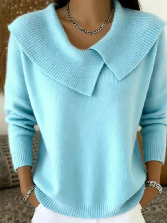 Women's Asymmetric Sailor Collar Sweater | Casual Solid Color Long Sleeve Knit Pullover
