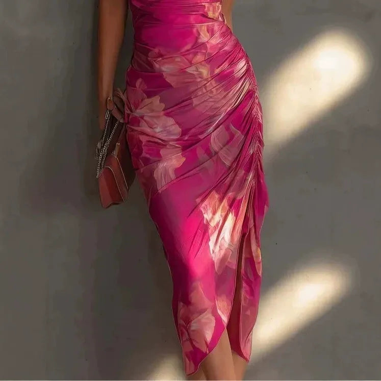 Backless Floral Print Slip Dress with Drawstring Ruched Detail & Side Slit