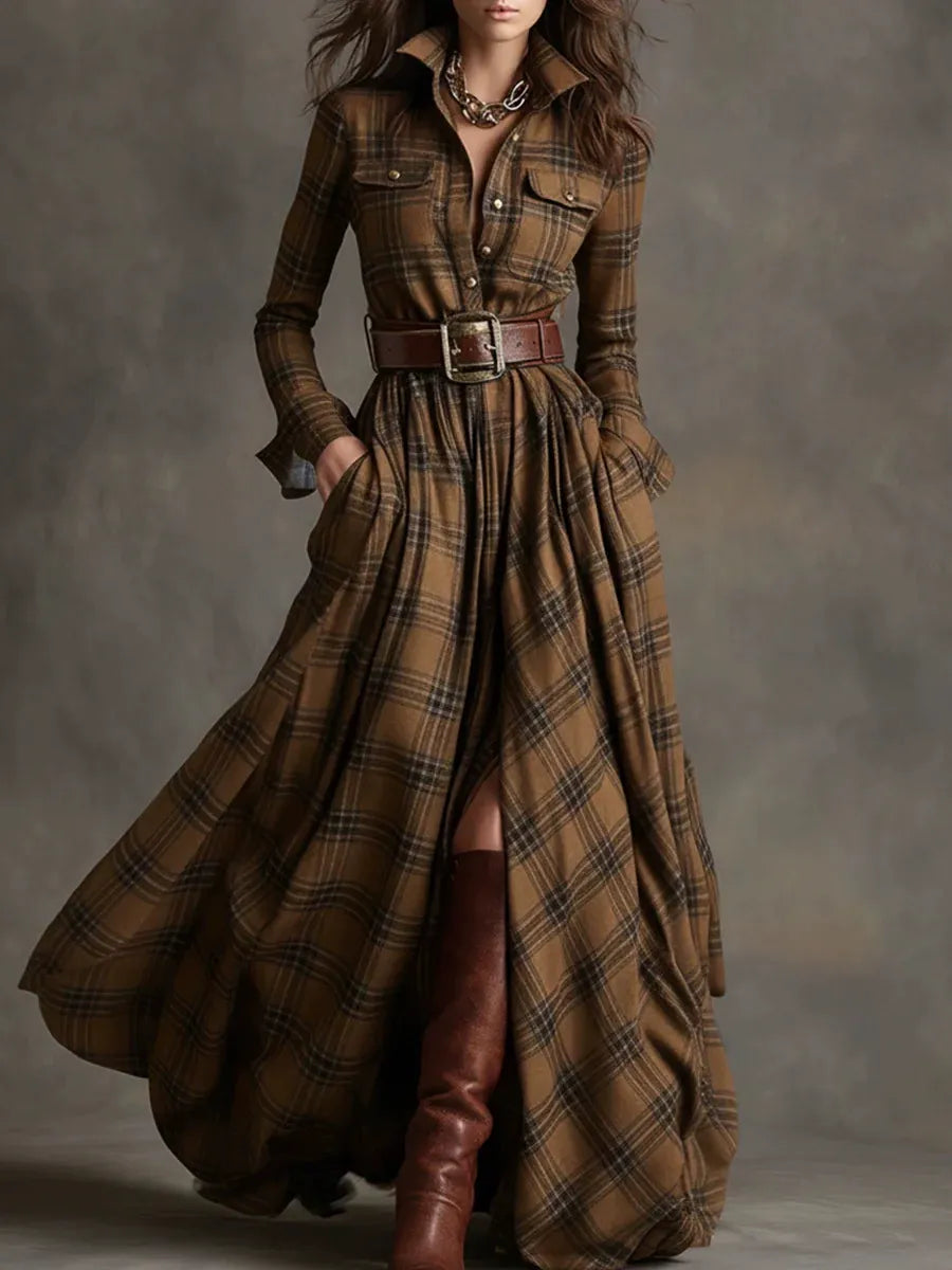 Robe longue à carreaux à manches longues pour femme - Robe chemise vintage à carreaux écossais avec poches