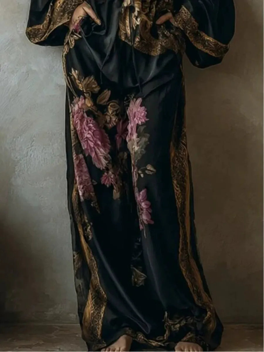 Boho Luxury Silk-Feel Kimono Top and Matching Wide Leg Trousers Two-Piece Resort Set