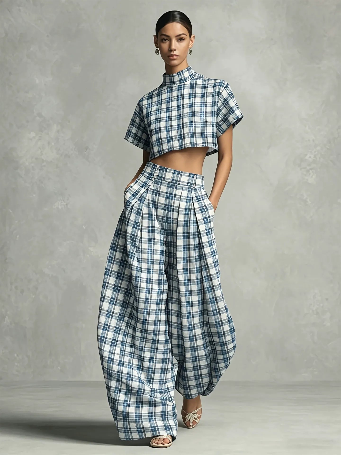 Architectural Plaid Co-ord Set | Mock-Neck Crop Top & Lantern Pants