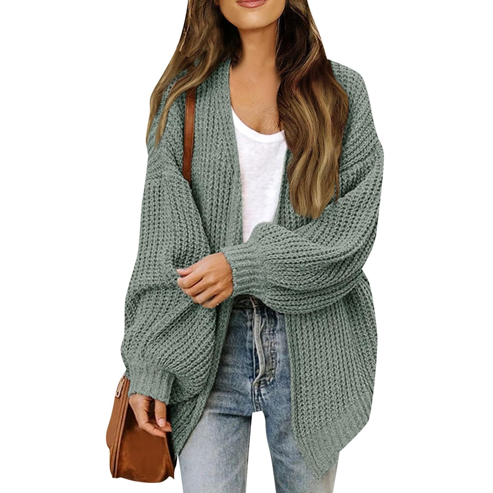 Chunky Knit Lantern Sleeve Cardigan - Loose Fit Open Front Slouchy Oversized Sweater Jacket
