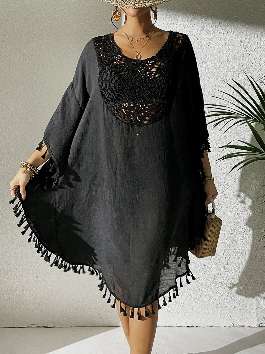 PromiseGift Caftan bohème en crochet et dentelle - Cache-maillot de plage blanc à pompons