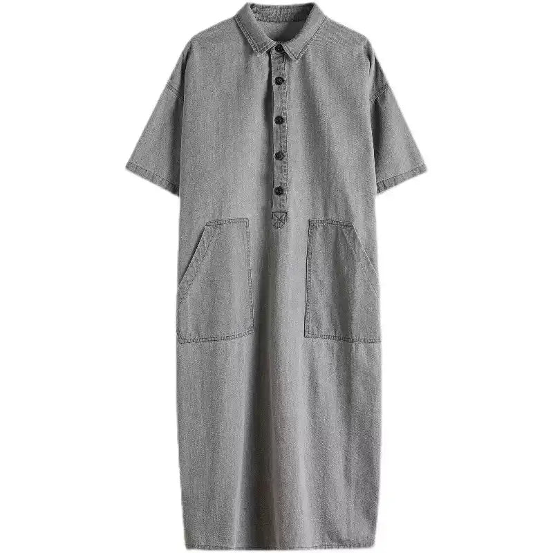 Vintage Oversized Grey Denim Dress for Women - Artsy Button-Down Polo Neck Dress