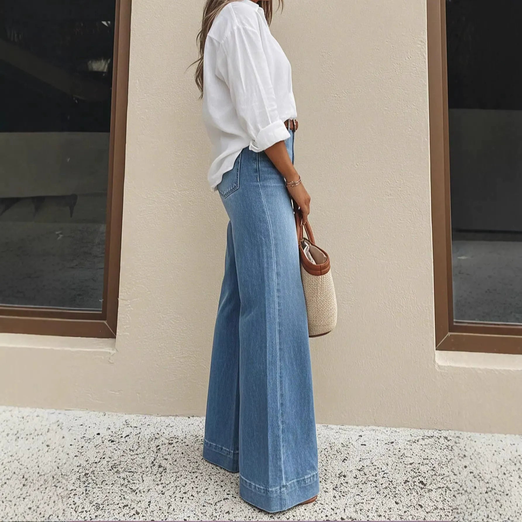 Vintage Washed Flare Jeans for Women - Flattering Elongated Palazzo Denim Trousers