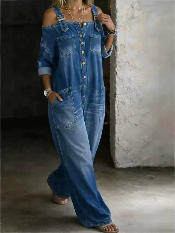 Vintage Washed Denim Jumpsuit for Women - Sexy Off-the-Shoulder Long Sleeve One-Piece