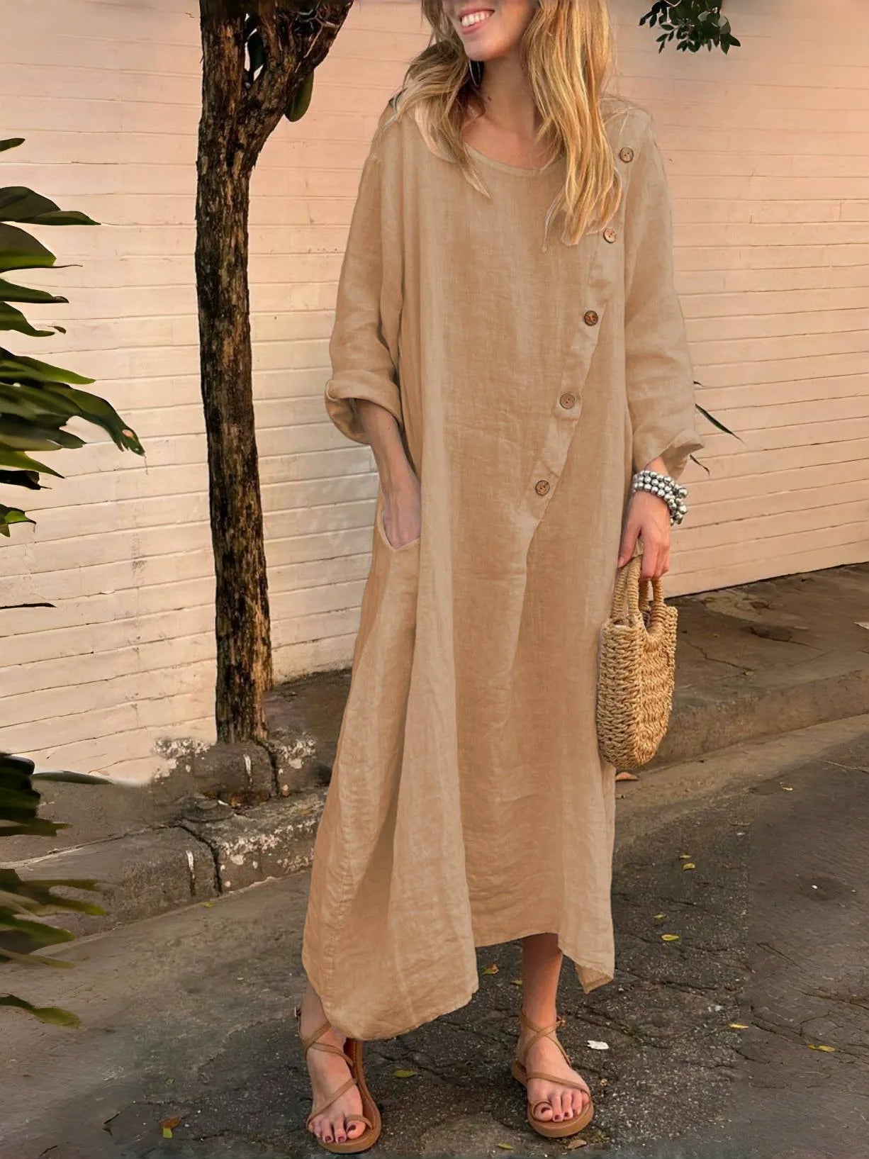Women's Casual Linen Maxi Dress – Asymmetric Diagonal Button Down Kaftan, Oversized Loose Fit Long Sleeve Tunic Sundress with Pockets