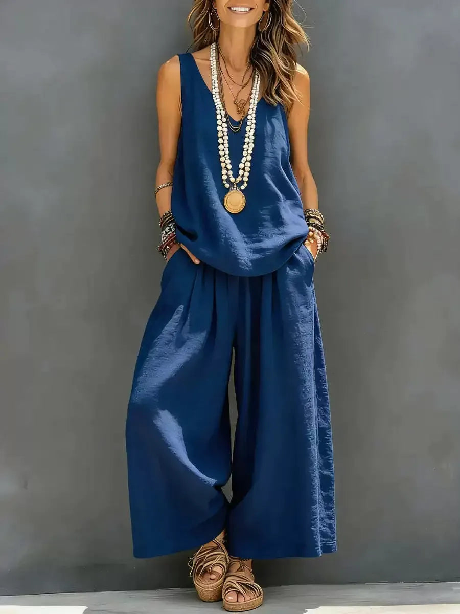 Ensemble assorti bohème chic vert sauge pour femme – Débardeur coupe décontractée et pantacourt fluide, tenue 2 pièces légère pour l'été et la plage