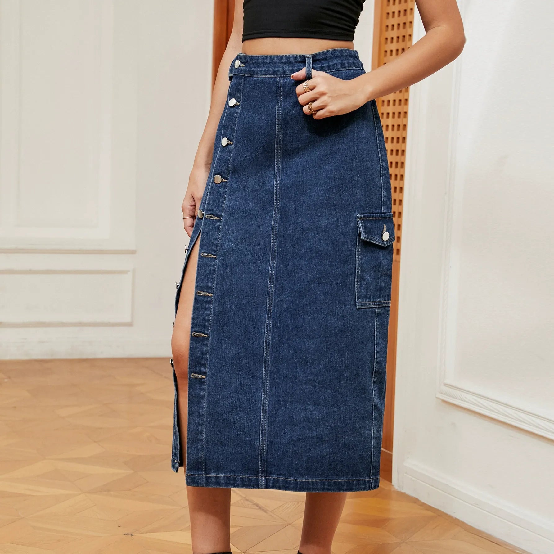 Women's Side Button Washed Denim Midi Skirt | High Waisted Cargo Jean Skirt with Slit