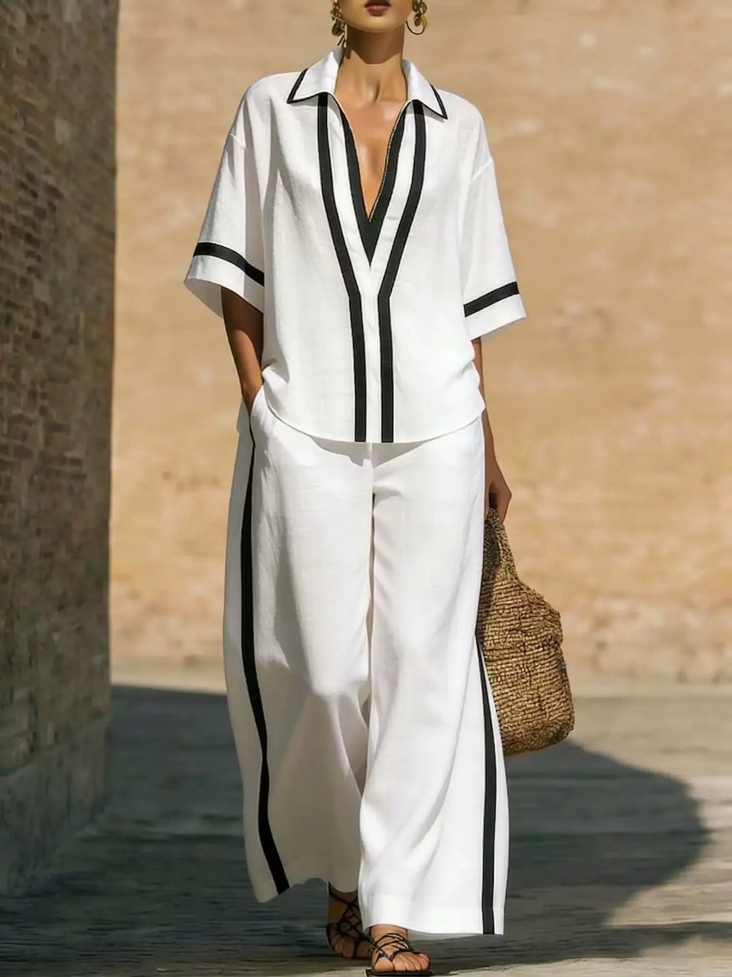 Ensemble d'été chic style marin pour femme – Tunique color block col V & pantalon palazzo fluide à rayures latérales, tenue 2 pièces de plage et resort