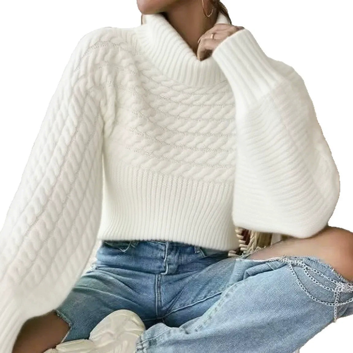Chic Cable Knit Turtle Neck Sweater - Slouchy Lantern Sleeve Solid Pullover Knitwear