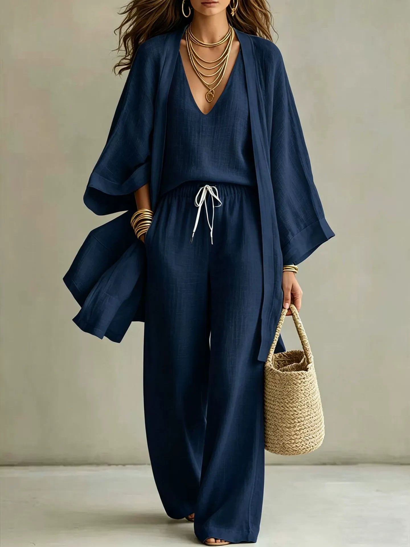 Women's Linen-Look 3-Piece Set - Oversized Cardigan, V-Neck Cami & Wide Leg Pants
