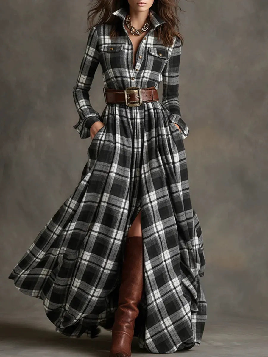 Robe longue à carreaux à manches longues pour femme - Robe chemise vintage à carreaux écossais avec poches