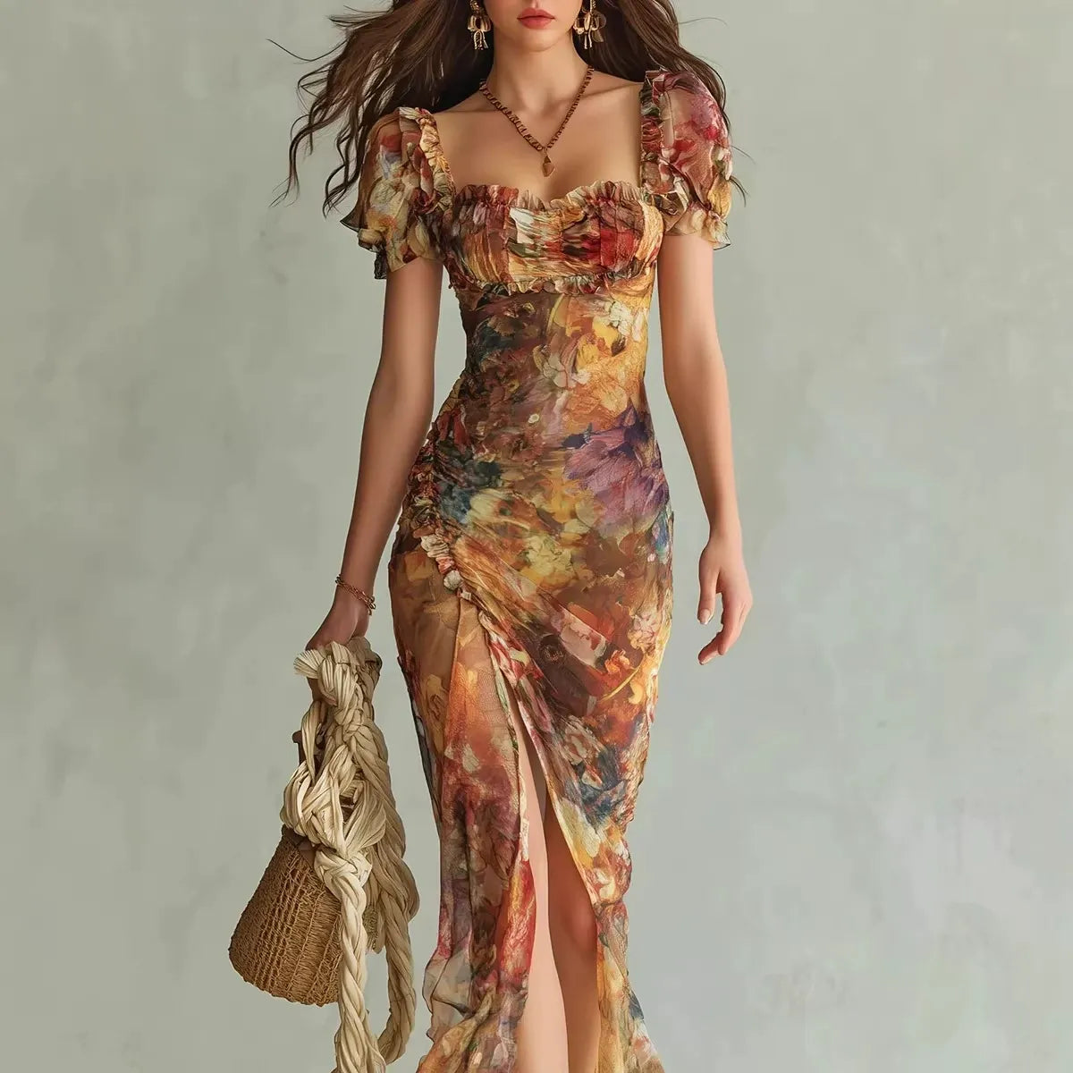 Robe longue en mousseline florale bohème pour femme – Robe fendue froncée à encolure en cœur