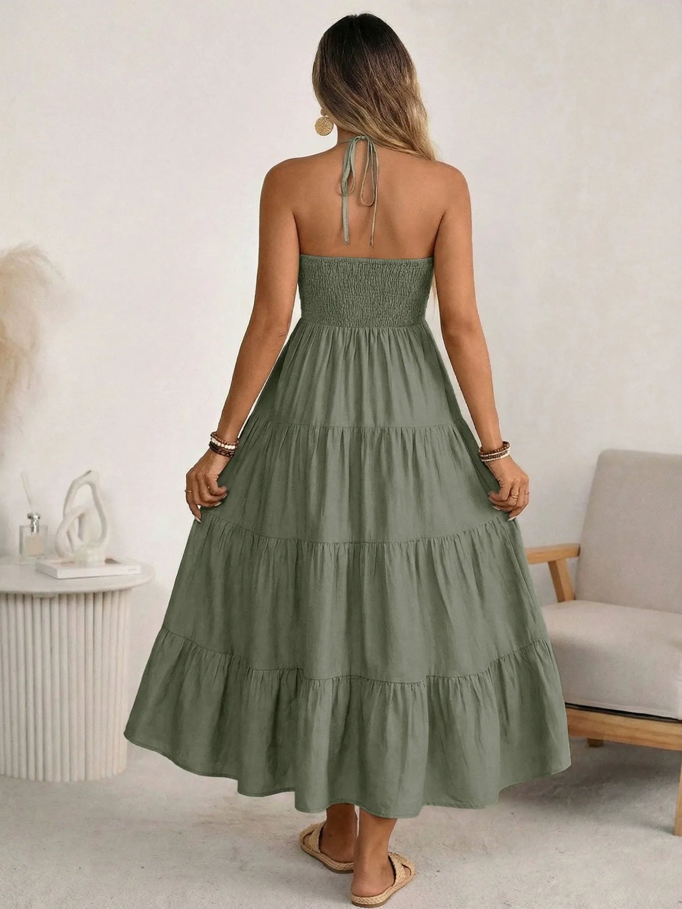 Bohemian Halter Neck Backless Maxi Dress - Ruched V-Neck Tiered Summer Beach Resort Long Sun Dress