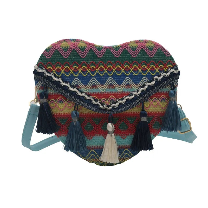 Bohemian Heart-Shaped Woven Crossbody Bag - Vintage Aztec Tribal Beach Purse with Tassels for Women