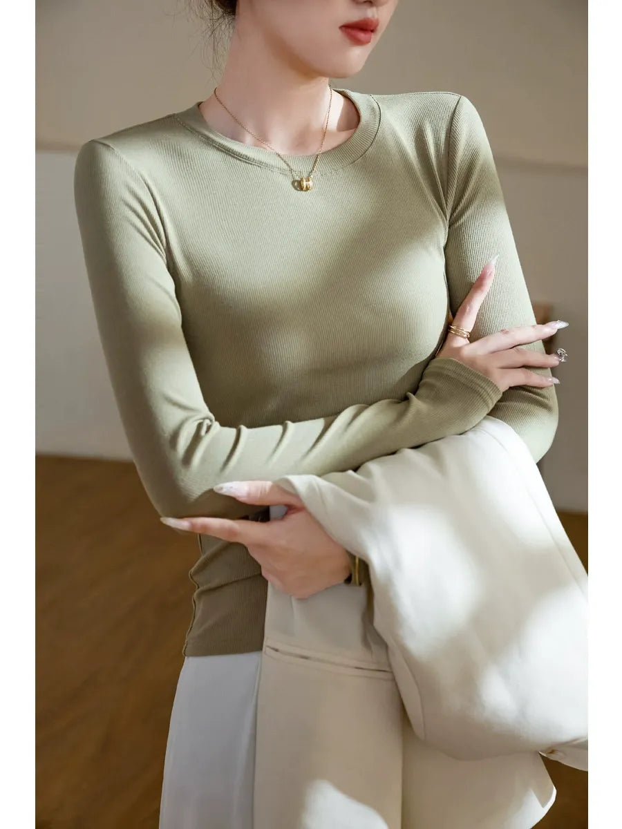 Premium High-Stretch Ribbed Crewneck Top - Slim Fit Classic Long Sleeve T-Shirt Layering Base Layer
