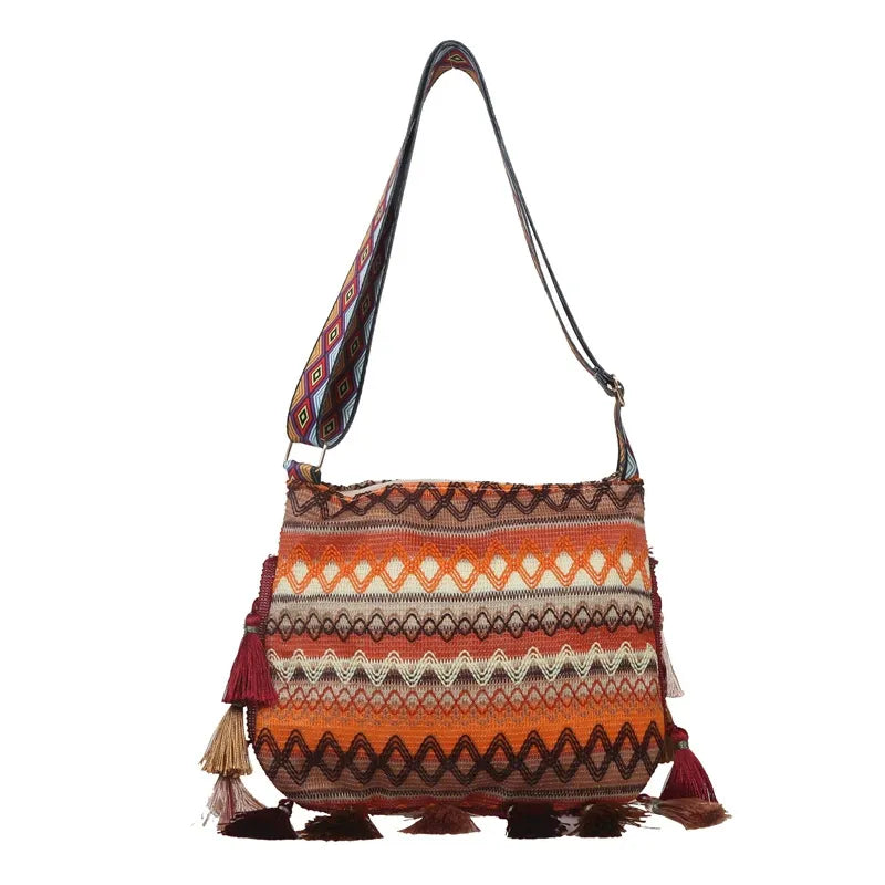 Bohemian Tribal Knit Crossbody Bag - Vintage Geometric Beach Shoulder Purse with Layered Tassels