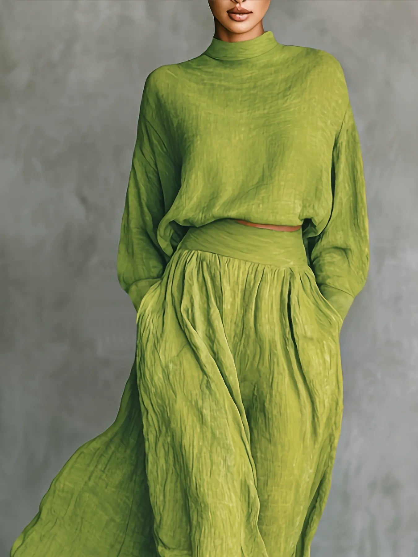 PromiseGift 2-Piece Summer Resort Set | Moss Green Textured Mock-Neck Blouse & High-Waist Maxi Skirt