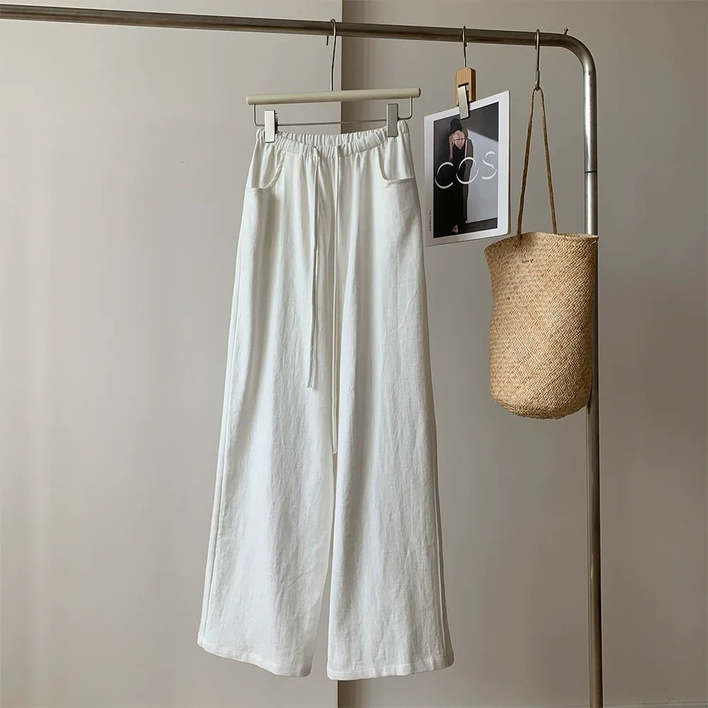 High-Waisted Linen Cotton Blend Drawstring Pants | Breathable Relaxed Fit Trousers