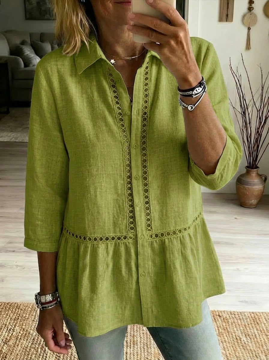 Chemise décontractée en lin et coton à motif patchwork ajouré