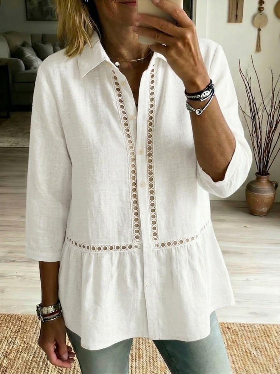 Chemise décontractée en lin et coton à motif patchwork ajouré