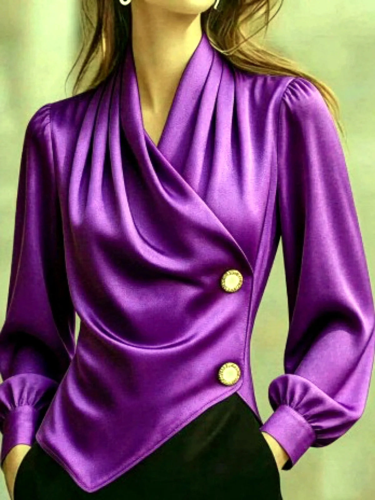 Women's draped button-front asymmetric blouse in purple, front model view.