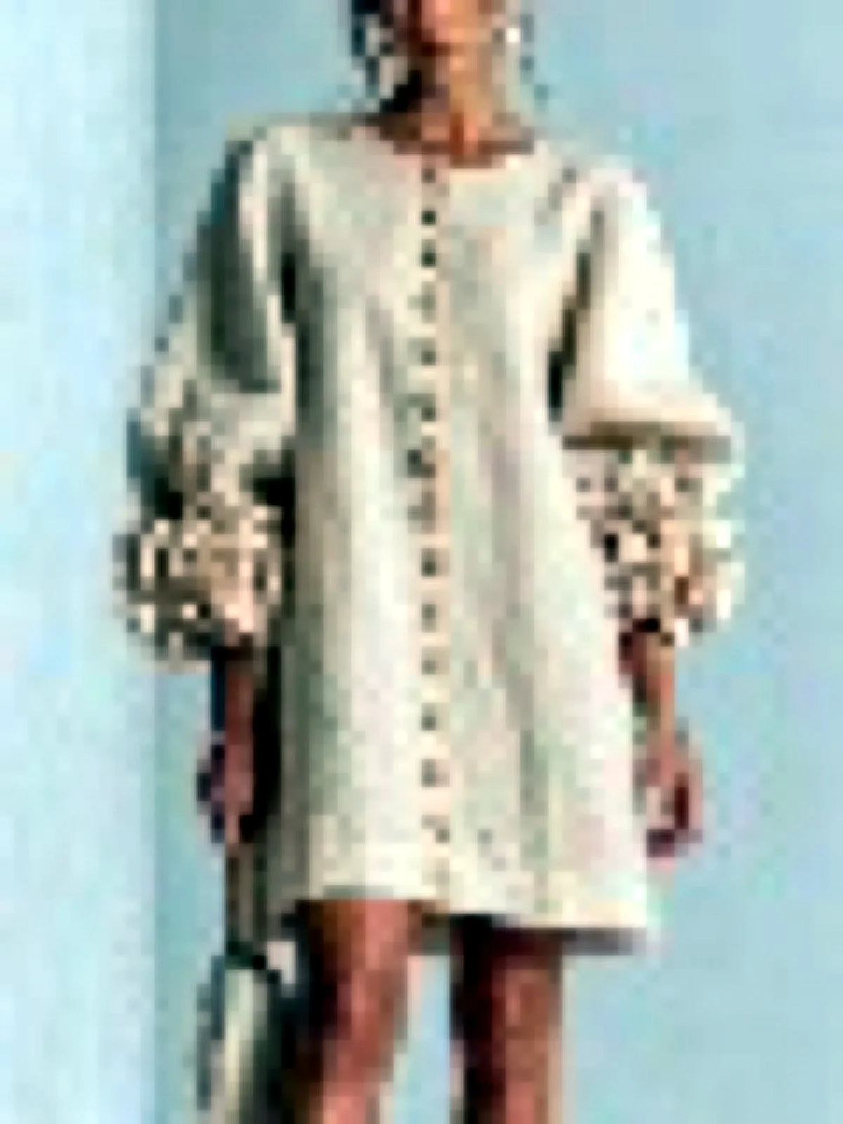 Women's floral-cuff button-front relaxed dress in ivory, alternate model view.