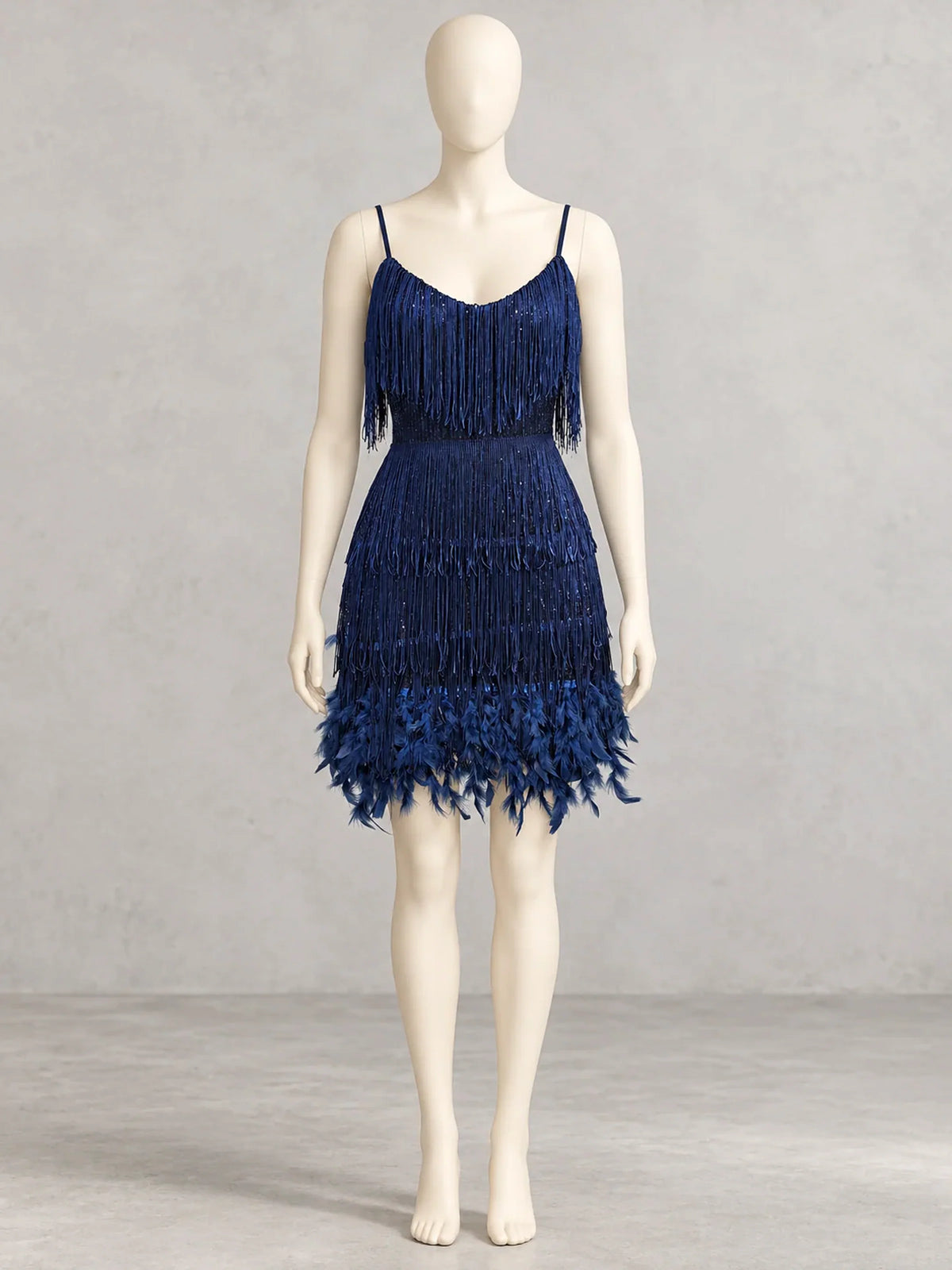 Women's fringe and feather-trim mini dress in navy, front mannequin view.