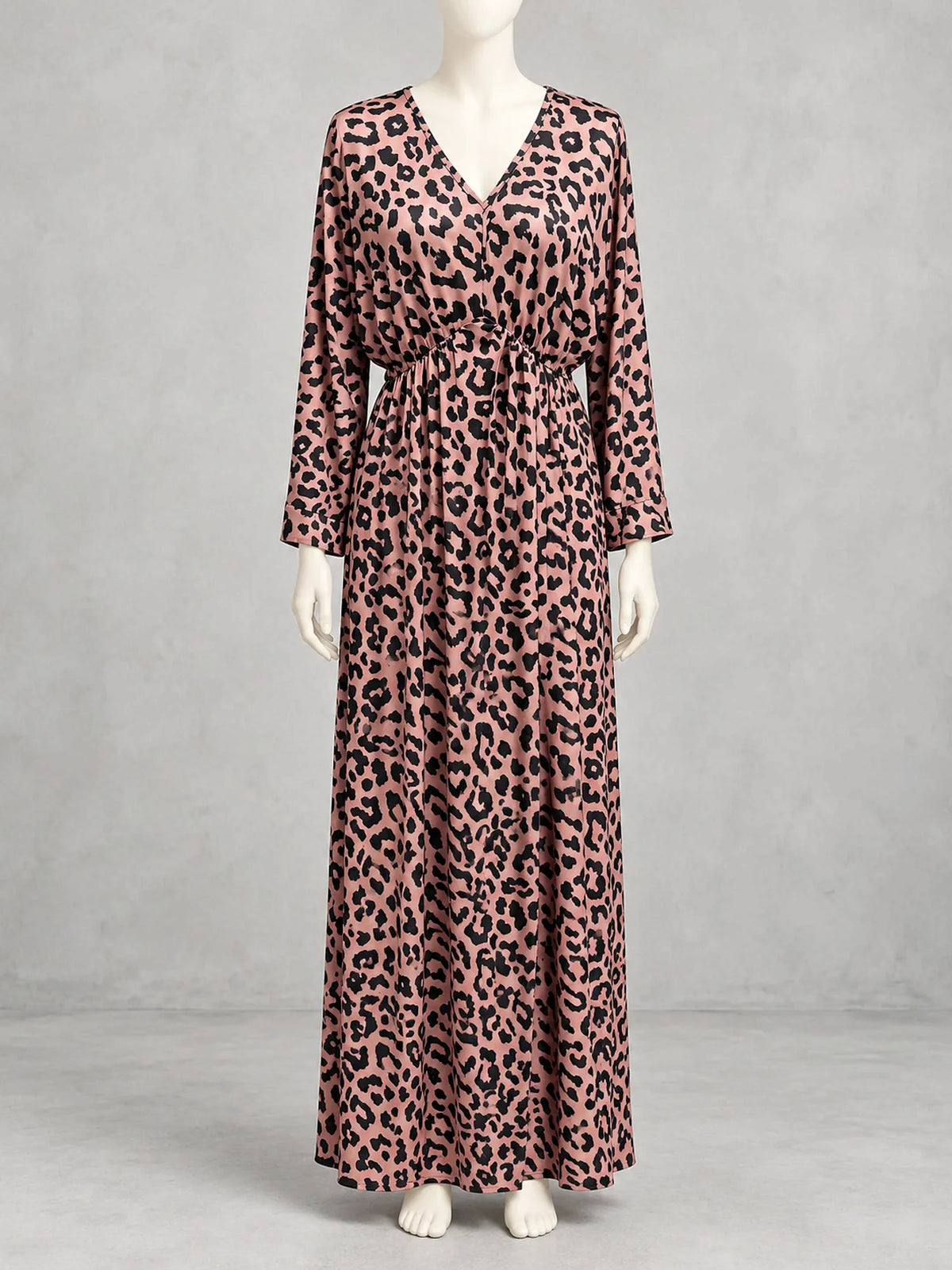 Women's leopard-print V-neck maxi dress in pink and black, front mannequin view.
