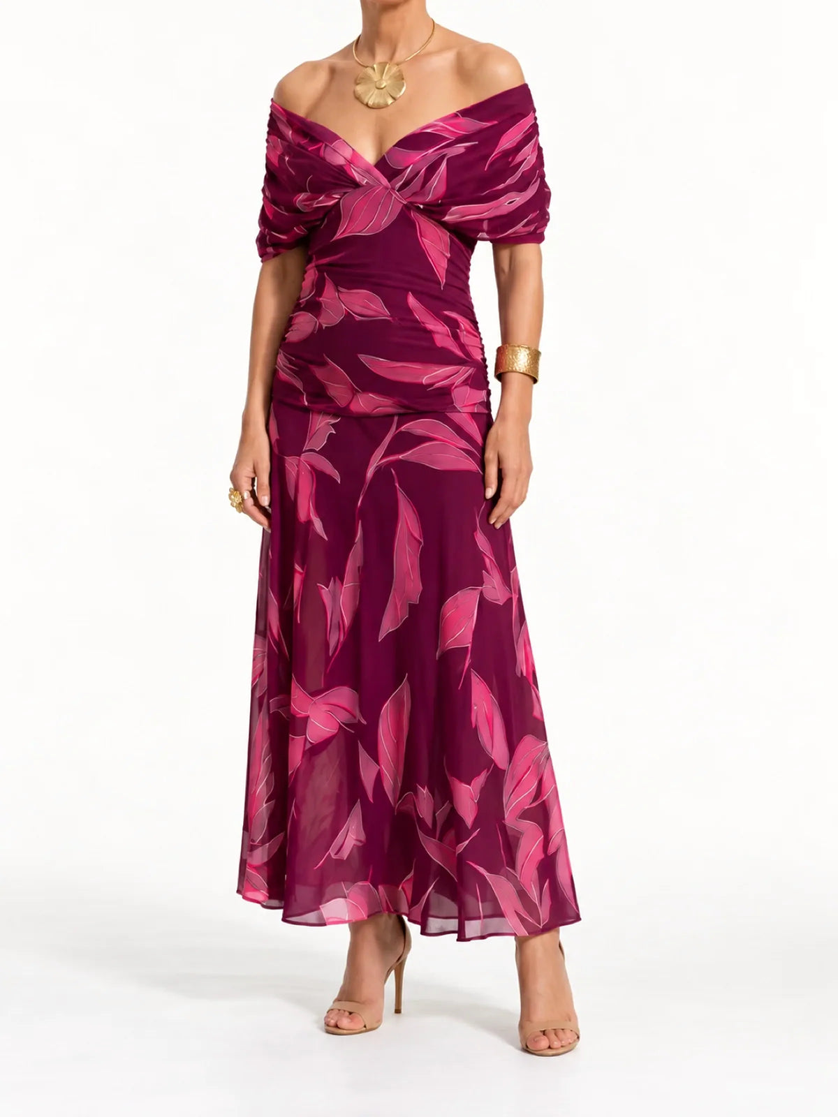 Women's ruched off-shoulder flowing dress in burgundy leaf print, front product view.