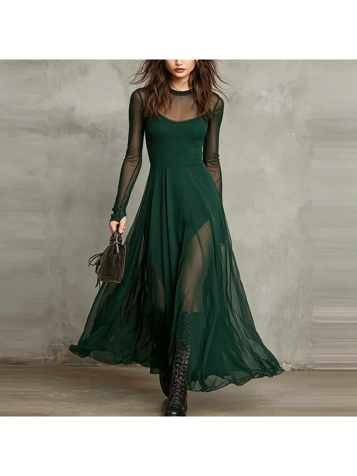Women's sheer long-sleeve flowing maxi dress in green, front model view.