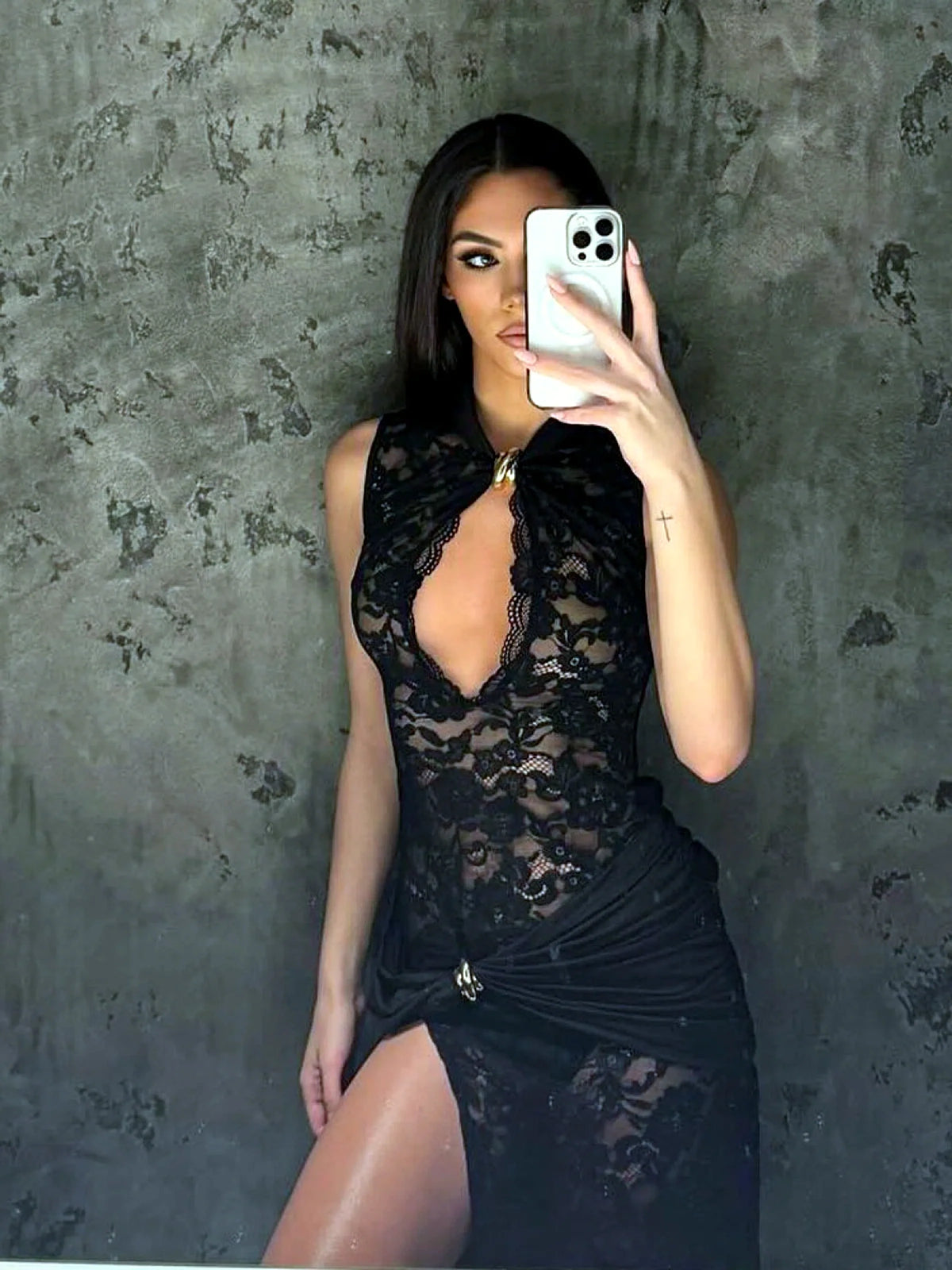Women's sleeveless lace keyhole slit maxi dress in black, mirror model view.