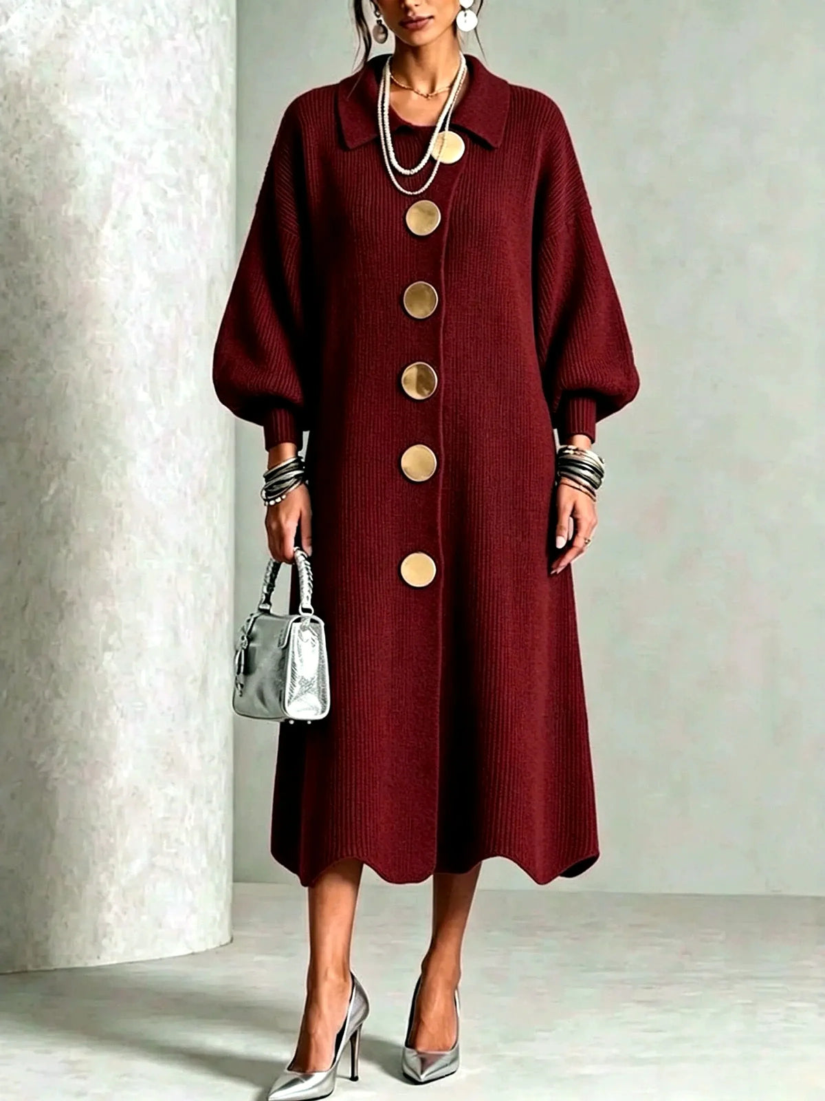 Women's statement-button knit midi dress in burgundy, front model view.