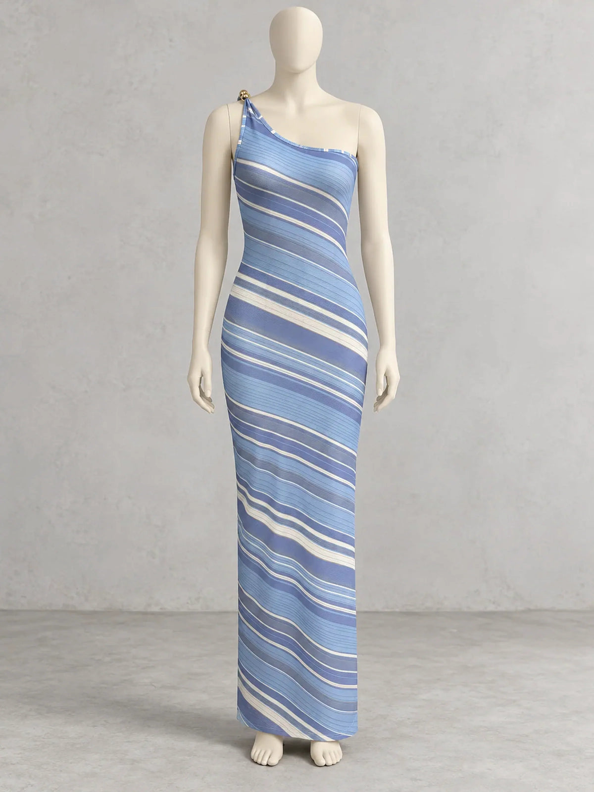 Women's striped one-shoulder maxi dress in blue and white, front mannequin view.
