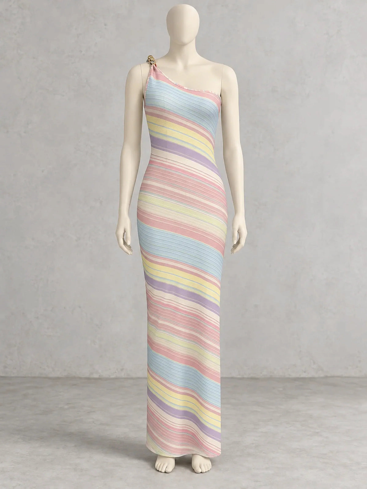 Women's striped one-shoulder maxi dress in pastel multicolor, front mannequin view.