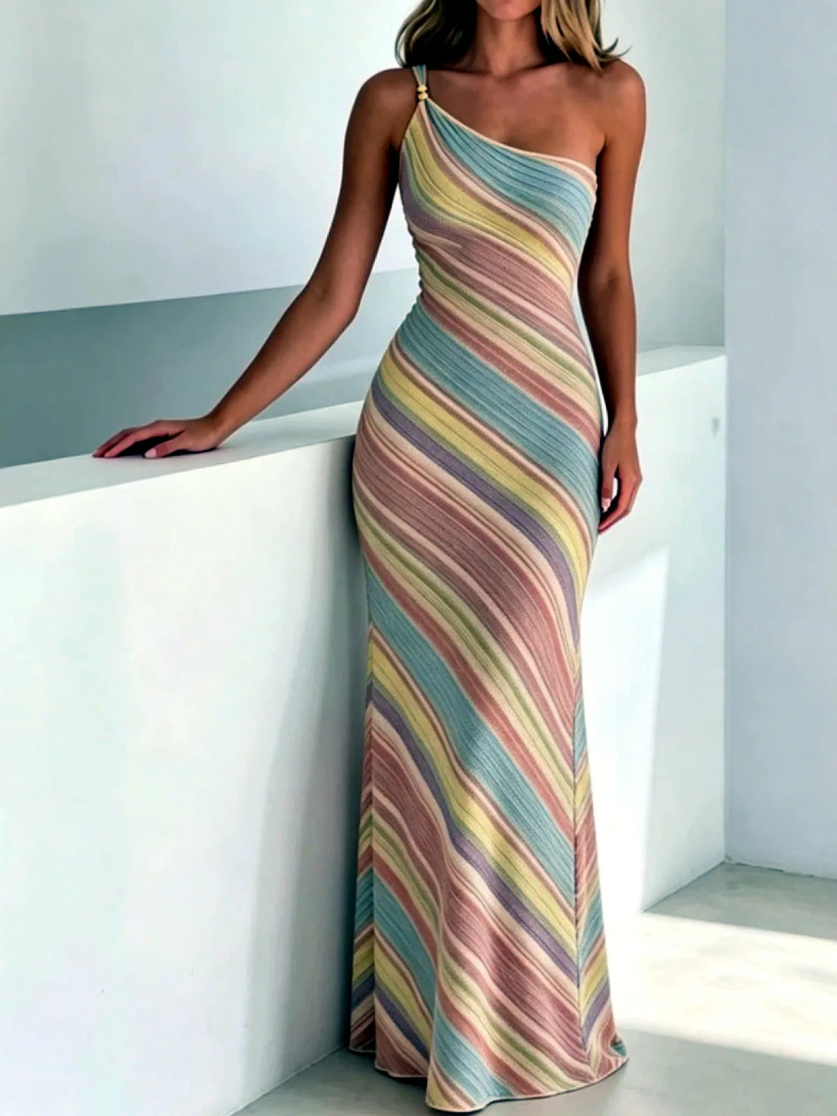 Women's striped one-shoulder maxi dress in pastel multicolor, front model view.