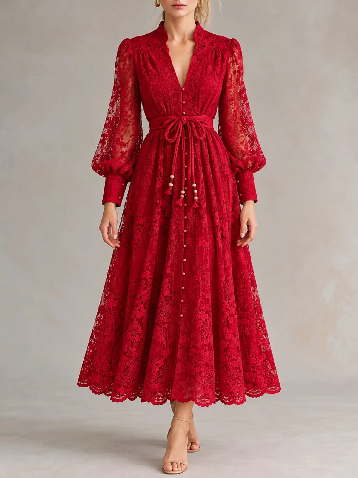 Women's V-neck floral lace long-sleeve dress in red, front model view.