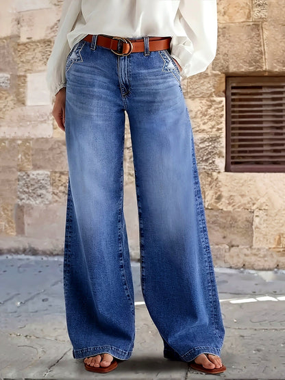 Women's Washed Stretch Denim Mid-Rise Wide-Leg Jeans in Blue - product view