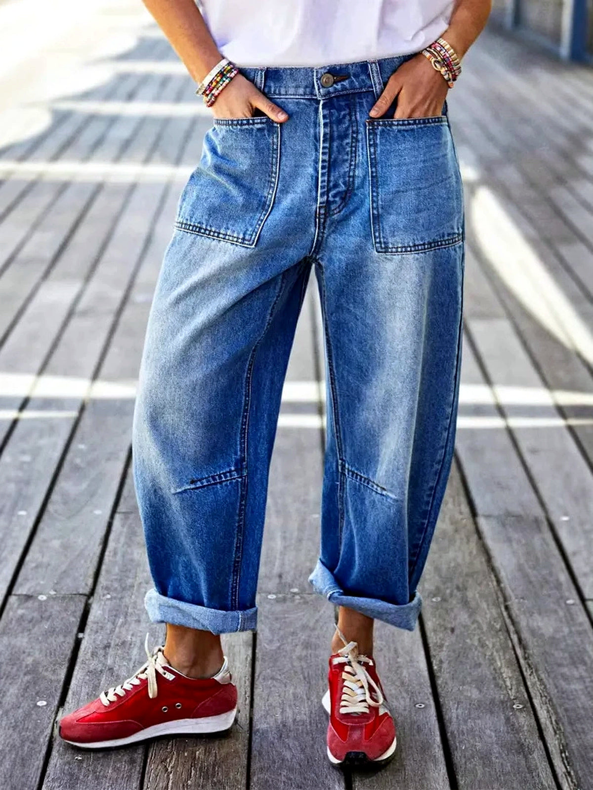 Women's Stretch Denim Mid-Rise Jeans in Denim Blue - product view