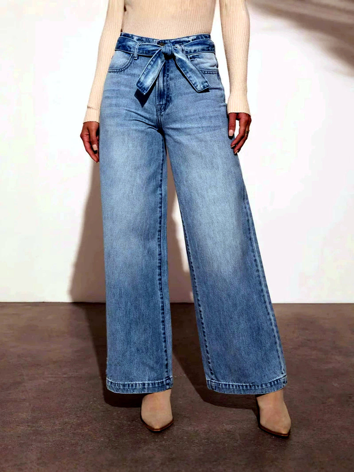 Women's Washed Denim High-Waist Tie-Belt Wide-Leg Jeans in Denim Blue - product view