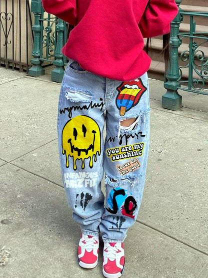 Women's Denim Printed Distressed Mid-Rise Straight-Leg Zip-Front Jeans in Light Blue - product view
