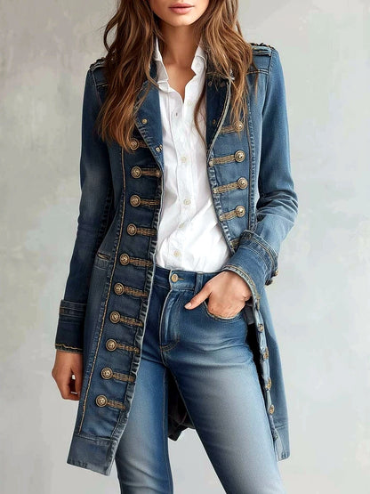 Washed Denim Patchwork Distressed Slim-Fit Stand-Collar Jacket in Blue - product view